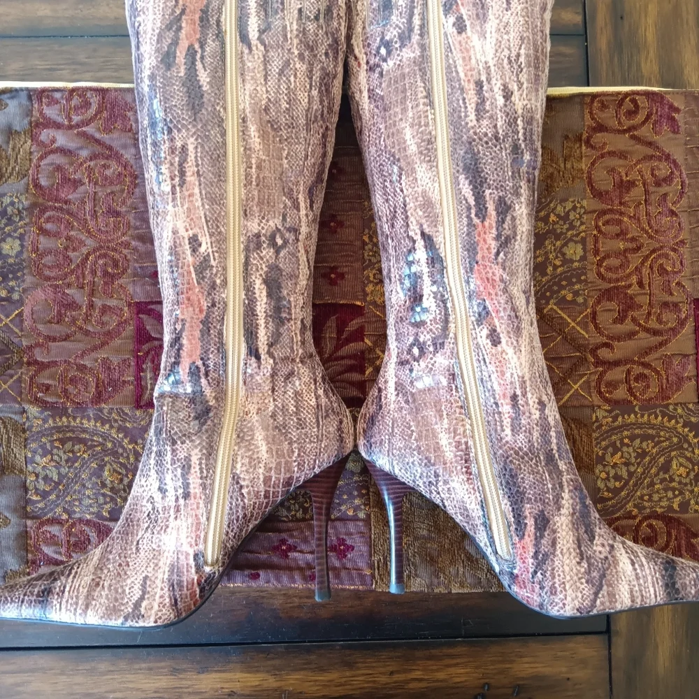 CLEARANCE SALE!! Orange and Brown Heeled Boots with Artistic Flair - Picture 10 of 12